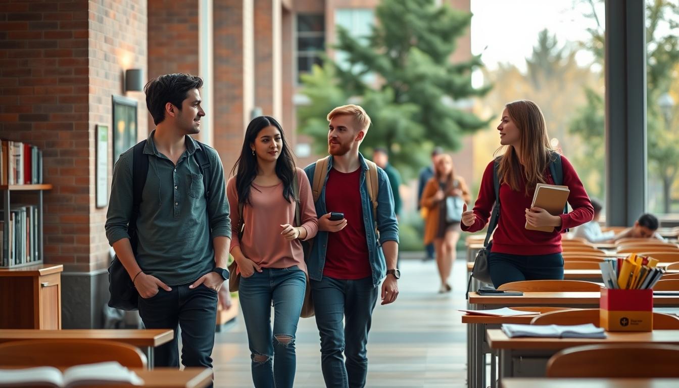 Students studying together in modern classroom